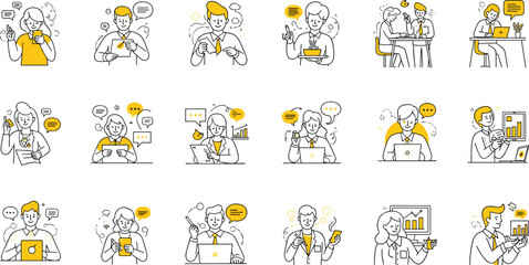 business communication people illustrations, digital messaging and online work set, office professionals with chat bubbles and analytics, modern flat yellow line design