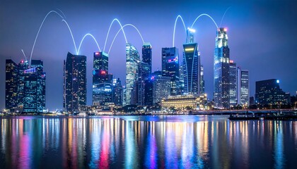 City Skyline Illuminated At Night With Modern Architecture Reflections on Water with Connected Network Lines