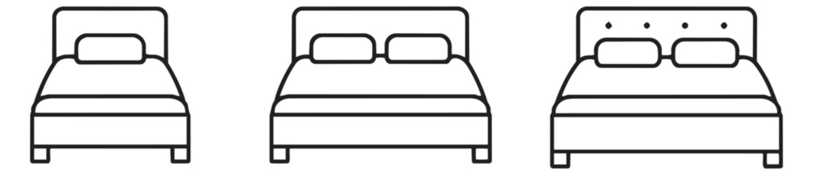 Minimalist line art bed icon set featuring single and double beds with pillows and varying headboards for bedroom, hotel, or accommodation concepts