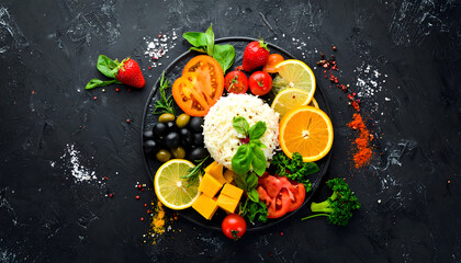 Food flat lay appetizing dish black background tomatoes olives cheese herbs spices lemon strawberry avocado circular vibrant colors top generative AI