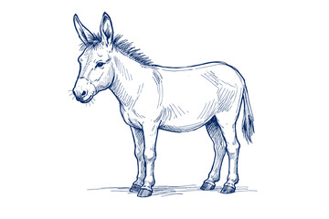 Fototapeta premium Detailed blue ink sketch of a standing donkey on white background