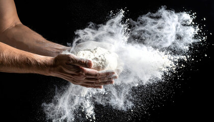 Hands clapping flour cloud dark background baking cooking chef dust motion powder bread kitchen professional dramatic impact technique generative AI