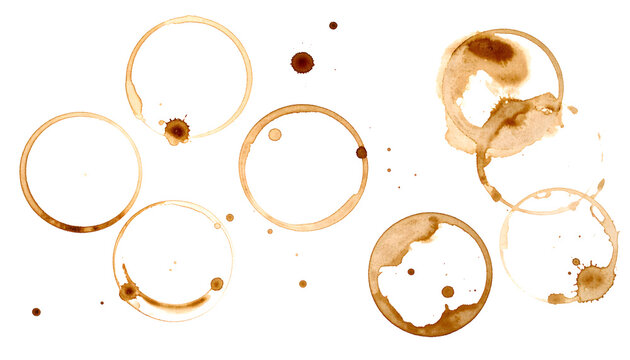 Coffee stains splashes white background isolated brown liquid spill rings coffee drops messy beverage splatter caffeine stain mark generative AI