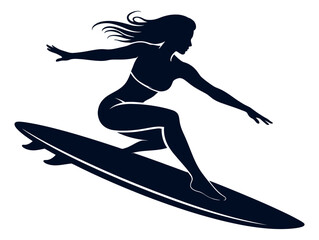 Silhouette illustration of a woman depicting surfing on a surfboard for summer water sports
