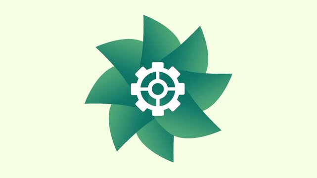 A circular green floral emblem with a gear icon in the center is displayed on a white background representing a fusion of nature and modern industry