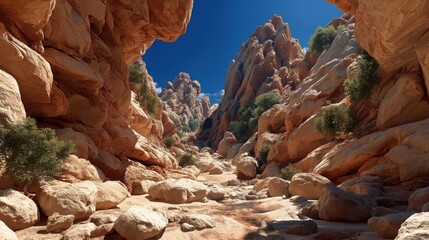 Stunning Desert Landscape with Rocky Walls and Clear Blue Sky