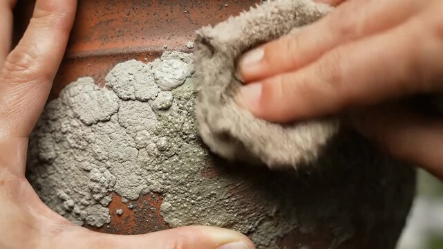 Close Up Loop of Mist Wiping Mossy Textured Base of Terracotta Pot Macro Detail Showing Moistening Process for Plant