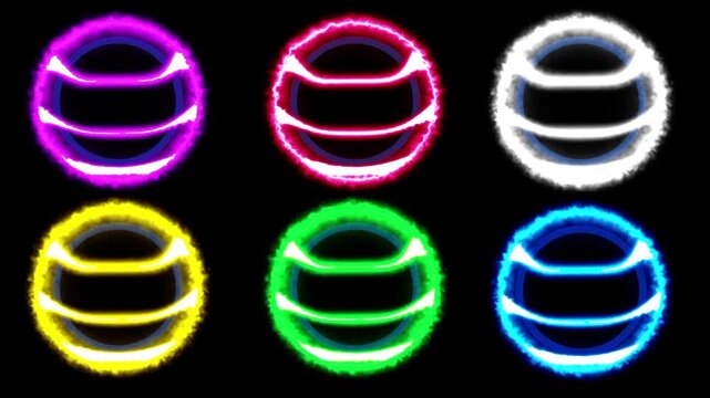 Six glowing neon orbs in various colors like pink red white yellow green and blue are arranged in two rows showing a vibrant and electric aesthetic