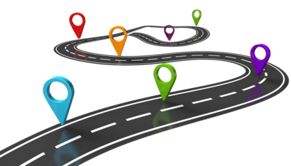 Winding road with colorful location markers on a transparent background isolated on transparent background