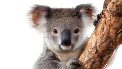 Obraz premium Close-up portrait of a koala against a plain white background. The koala has grey fur, large rounded ears, and a dark nose. It's looking directly at the camera with a gentle expression. 