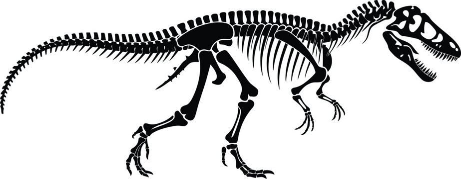 A detailed black silhouette of a large dinosaur skeleton stands ready to stomp on a white background