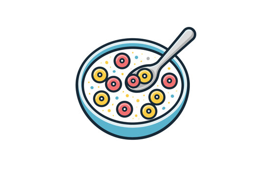 Colorful cereal bowl with milk and spoon