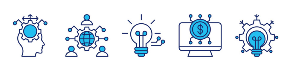 thinking process icon set collection, for decision concept with icons critical thinking, digital culture, knowledge, digital transaction, problem solving. simple vector blue style illustration