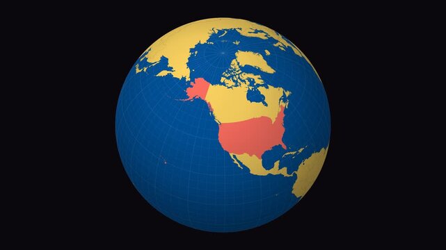 United States on Globe. Animated zoom into the country in Ocean Blue Golden Yellow color palette. United States logo animation. Map with meridians, parallels. Alive video.