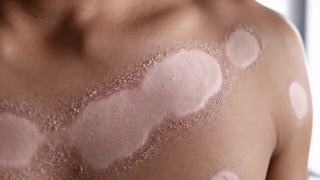 Close-up of Torso Displaying Tinea Versicolor or Panu with Hypopigmentation Patches on Chest Against a Bright White