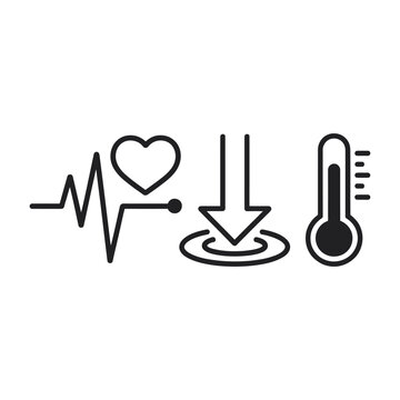 Cardiology diagnostic icons showing pulse wave and thermometer with downward motion arrow for health status tracking medical data visualization set