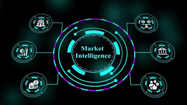 Market intelligence concept presenting analytical dashboards, competitive indicators, trend analysis, and data-driven market evaluation systems.