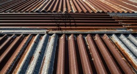 A weathered corrugated metal roof with rust stains and a dark brown hue.