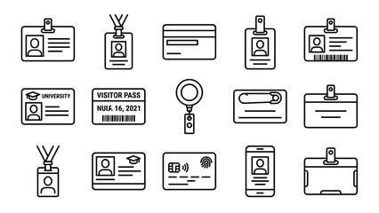 Vector set of identity card and badge line icons. Business security access control. Corporate employee id pass. Visitor lanyard holder. Minimalistic outline style. Identification tag.