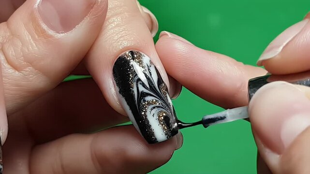 Creating Marble Nail Art on Green Screen Background Using Black and Gold Polish For Beauty Ad Campaigns and Promotions