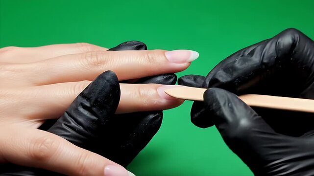 Cuticle Pushing Treatment Green Screen Close Up Studio Shot Professional Nail Care Cosmetology Procedure Hygiene Beauty