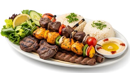 Gourmet Meat Skewers with Fresh Vegetables and Rice