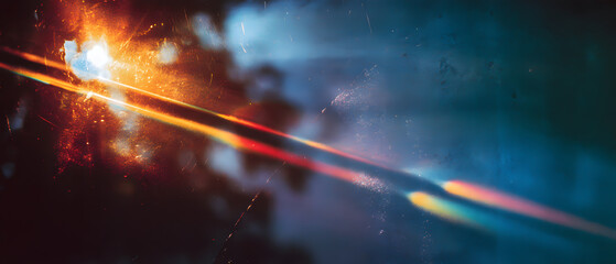 Colorful light leaks and grunge scratches overlay a textured retro background for creative design projects