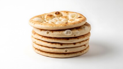 Stack of delicious homemade pancakes on white background