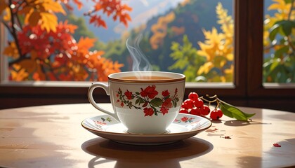 Steaming beverage in decorative floral teacup, saucer on wooden table. Window view of colorful fall foliage and mountains