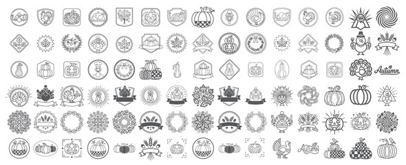 Fototapeta premium Thanksgiving Icon Set, Autumn Harvest Line Art