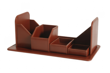 Brown leather desk organizer office stationery isolated on a transparent background