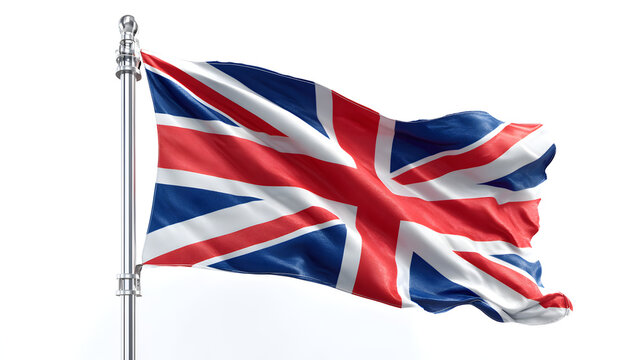 Union Jack flag waving on silver pole against white background - Powered by Adobe