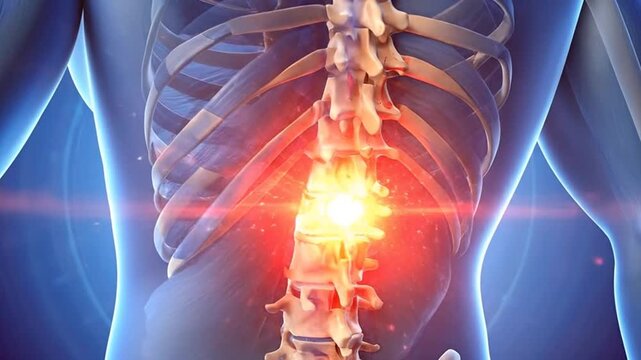 Human anatomy illustration showing the spine and back pain with red highlight.