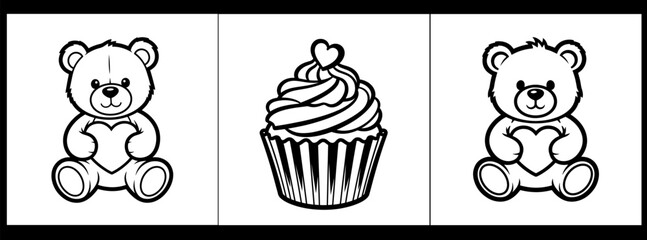 Valentine's day vector illustration of cute teddy bears and cupcake