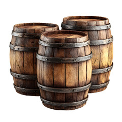 Obraz premium Three rustic wooden barrels on black background