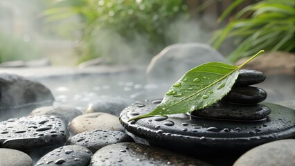 Hot stone spa therapy concept with stacked wet black stones and green leaf in steam, ideal for wellness centers, massage services, meditation visuals, and relaxation retreat promotions