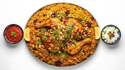 Savory Rice Dish with Chicken and Condiments