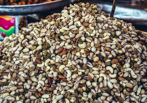 Nuts and almonds for sale on a famous Grand Bazaar in Tehran, Iran