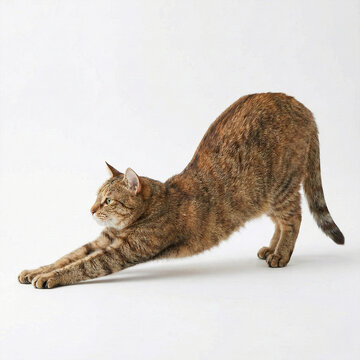 A tabby cat stretches forward with extended paws, showing a natural feline pose associated with relaxation and flexibility