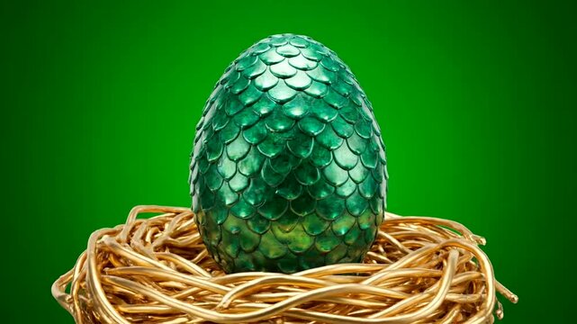 Green Dragon Egg in Nest on Green Background, Fantasy Concept.