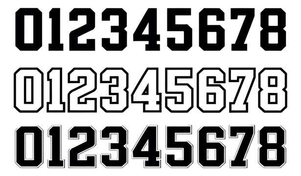 Collegiate numbers set featuring solid, outline, and outlined bold digits for sports and education design