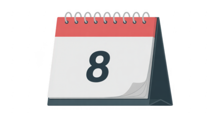 Desktop calendar with the number 8 desk calendar red and white isolated on a transparent background