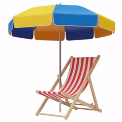 Summer beach lounge chair with sun umbrella isolated on white background.