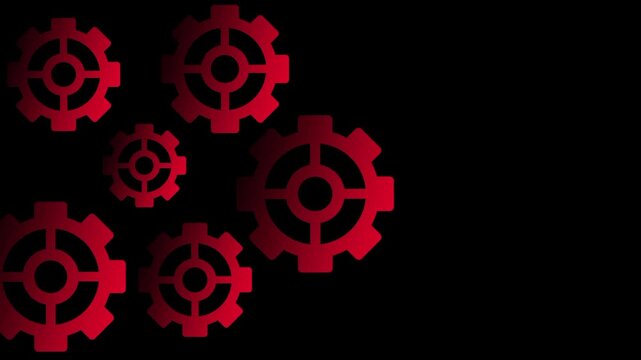 Several crimson gear icons are scattered across the frame in a floating pattern suggesting a complex mechanical system or a futuristic interface.