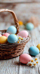 Basket full of eggs in various colors, including blue, pink, and yellow