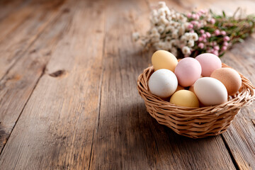 Basket of eggs is on a wooden table