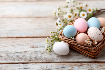 Basket of eggs with a white flower in the background