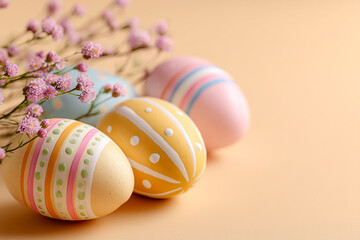 Three eggs with different colors and designs are sitting on a table