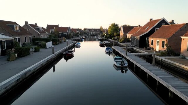 aerial view small waterfront town canals and rivers as main transportation calm waterways connecting houses docks small wooden boats moving gently slow smooth drone movement peaceful atmosphere early 