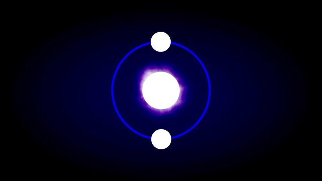 A bright central orb is orbited by two smaller white satellites within a deep blue glowing ring resembling a simplified model of an atomic core.
